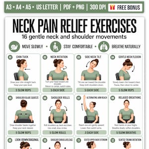 May include: A digital chart titled NECK PAIN RELIEF EXERCISES featuring 16 illustrated movements. The guide includes instructions for chin tucks, neck rotations, side tilts, and shoulder rolls, with icons for moving slowly and breathing naturally.