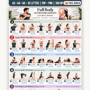 Könnte beinhalten: Ein digitales Poster mit dem Titel Full Body 40 Stretching Exercises for Men & Women, das nummerierte Anleitungsillustrationen für verschiedene Dehnübungen enthält, unterteilt in Aufwärmen, Oberkörper, Rumpf und Unterkörper.