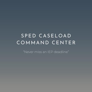 May include: A digital graphic with a dark blue to grey gradient background featuring the white text SPED CASELOAD COMMAND CENTER in all caps, followed by the smaller white text "Never miss an IEP deadline" centred below the main title.