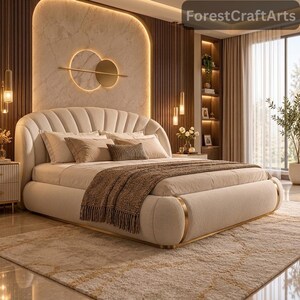 Luxury Beige King Platform Bed | Upholstered Bed Frame | Oversized Padded Headboard Modern Tufted Bed | Solid wood slat support