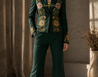 Donkergroen handgeborduurd damespak, bruidsbroekpak met bloemenprint, blazer met wijde pijpen, luxe formele feestoutfit