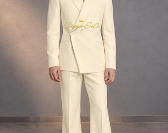 Men's Ivory Double Breasted Suit, Wedding Groom Suit, Peak Lapel Suit, Custom Tailored Formal Suit, Flared Trousers, Luxury Menswear