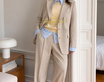 Beige Pantsuit for Women, Single-Breasted Blazer with Wide-Leg Trousers