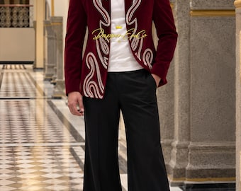 Maroon Velvet Suit for Men, Embroidered Bandhgala Jacket, Black Wide Leg Trousers, Custom Wedding Groom Suit