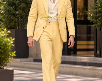 Traje de lino amarillo claro para hombre, blazer de un solo botón y pantalón a juego, traje de invitado para boda de verano, ropa masculina a medida.