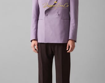 Terno masculino lavanda de abotoamento duplo | Blazer com gola xale | Terno de luxo para casamento | Terno formal sob medida | Dapper Era Co
