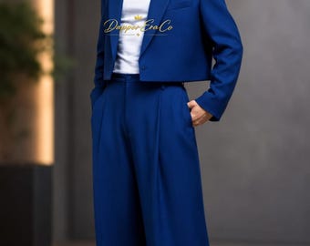 Completo da uomo corto blu royal / Blazer corto moderno e pantaloni a vita alta / Abito formale su misura firmato