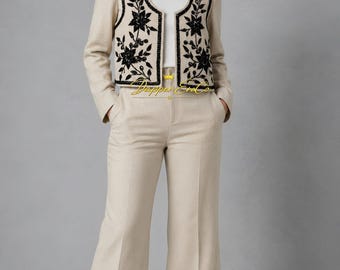 Beige Embroidered Women’s Suit | Ecru Hand Embroidered Vest and Wide Leg Trousers | Elegant Wedding & Formal Pantsuit