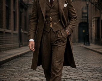 May include: A brown tweed three-piece suit consisting of a long overcoat, a buttoned waistcoat, and pleated trousers. The outfit includes a crisp white collared shirt, a dark burgundy necktie, a white pocket square, and a gold pocket watch chain.