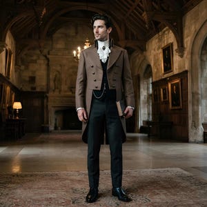 May include: A brown tailcoat jacket worn over a black waistcoat and dark trousers. The outfit includes a white ruffled cravat with a dark brooch, a white collared shirt, and a silver pocket watch chain. A small book is held in one hand.