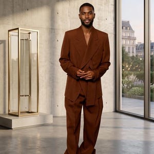 May include: A brown suit consisting of a double-breasted blazer with wide lapels and matching wide-leg trousers. The blazer features a wrap-style front closure. The outfit is paired with plain white sneakers, creating a cohesive look.