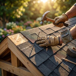 May include: A metal hammer held in a tan leather glove strikes a nail into dark gray asphalt roof shingles on a wooden frame. A tan wrist tool pouch holds a coil of nails, and a pencil rests on the shingles near a second coil of nails.