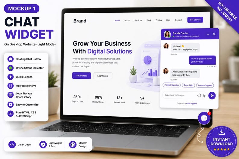 Live Chat Widget HTML CSS JavaScript | Professional Website Chat Box | Customer Support UI Template | Responsive Chat | Digital Download image 6