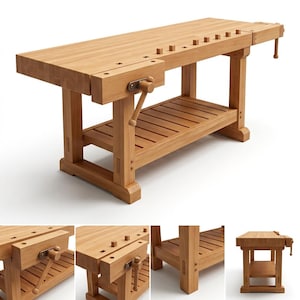 Könnte beinhalten: Eine Werkbank aus hellem Holz mit einer dicken, rechteckigen Arbeitsplatte, die eine Reihe quadratischer Bankhakenlöcher aufweist, einem Vorderzangen-Schraubstock mit Metallgriff, einer Hinterzange und einer unteren Ablage aus Holzlatten.