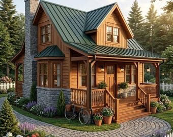 Puede incluir: Una cabaña de madera de dos pisos con techo de metal verde oscuro y chimenea de piedra. El exterior tiene revestimiento de madera horizontal y base de piedra. Un porche de madera con escaleras conduce a la puerta principal, hay una bicicleta.