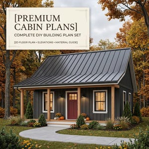 May include: A set of premium cabin plans featuring a complete DIY building plan set with 2D floor plans, elevations, and a material guide. The image displays a dark grey cabin with a black metal roof, a red door, and a wooden porch.