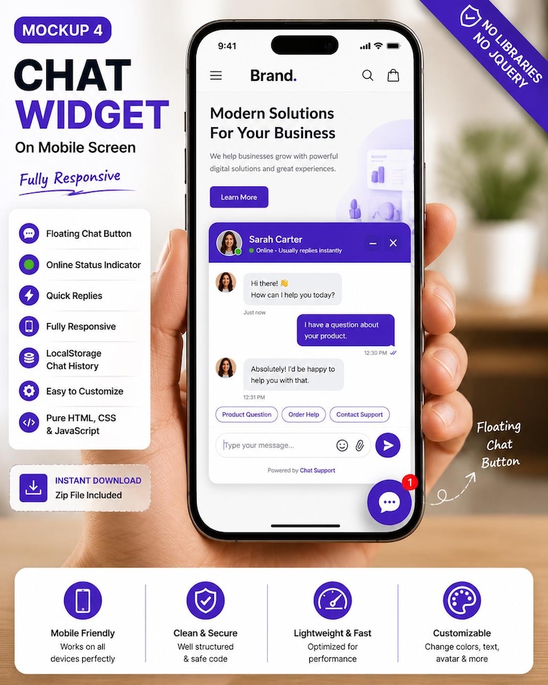 Live Chat Widget HTML CSS JavaScript | Professional Website Chat Box | Customer Support UI Template | Responsive Chat | Digital Download image 3