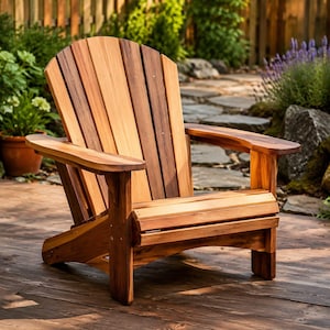 May include: A natural wood Adirondack chair featuring a curved backrest with vertical slats, wide flat armrests, and a slanted seat. The chair is constructed from planks showing varied light and dark brown wood grain patterns throughout the frame.