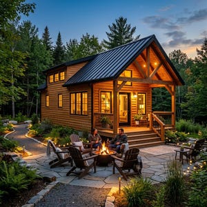 May include: A small wooden cabin with a dark metal roof and a front porch, featuring a stone patio with a fire pit and several dark wooden chairs. The cabin is surrounded by trees and illuminated by warm exterior lighting at dusk.