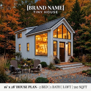 May include: A white tiny house with a black metal roof, large windows, and a dark wood door. The structure features a loft, two chairs on a stone patio, and text reading [BRAND NAME] TINY HOUSE and 16' x 28' HOUSE PLAN - 2 BED | 1 BATH | LOFT | 592 SQFT.