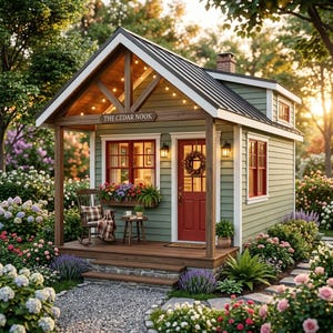 May include: A small green cabin with a dark roof, a red front door, and a wooden porch. A sign above the porch reads THE CEDAR NOOK. The porch features a rocking chair, a small table, and string lights. The cabin is surrounded by a flower garden.