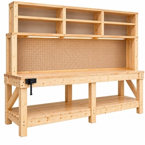 May include: A light-colored wooden workbench featuring a large pegboard back panel, a top shelf unit with three compartments, and a lower storage shelf. A black metal vise is attached to the front left corner of the thick, sturdy wooden tabletop.