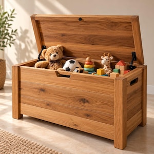 May include: A rectangular wooden toy chest with a natural light brown wood grain finish and an open hinged lid. The chest is filled with various toys, including a brown teddy bear, a black and white soccer ball, a giraffe plush, and blocks.