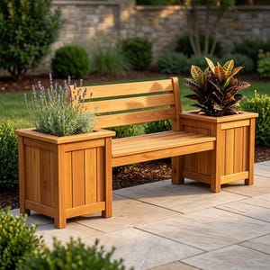 May include: A light brown wooden bench featuring two integrated square planters on each side. The left planter contains purple lavender, while the right planter holds a multi-colored croton plant with green, yellow, and red variegated leaves.
