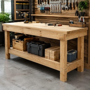May include: A large rectangular wooden workbench with a thick top surface, four sturdy legs, and a lower storage shelf. The workbench holds a yellow and black power drill, a wooden crate, a black plastic tool case, and stacked wooden blocks.