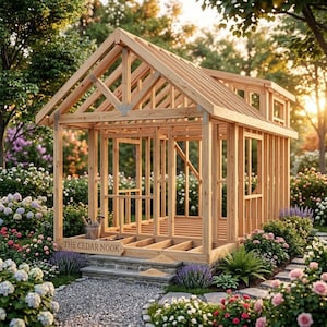 May include: A wooden structure under construction featuring an open frame with a gabled roof, exposed rafters, and wall studs. A sign attached to the front base reads THE CEDAR NOOK. The building sits on a stone foundation with a gravel path entrance.