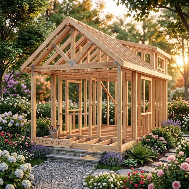 May include: A wooden structure under construction featuring an open frame with a gabled roof, exposed rafters, and wall studs. A sign attached to the front base reads THE CEDAR NOOK. The building sits on a stone foundation with a gravel path entrance.