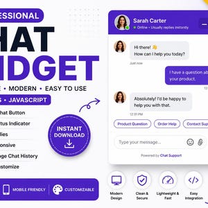 Live Chat Widget HTML CSS JavaScript | Professional Website Chat Box | Customer Support UI Template | Responsive Chat | Digital Download