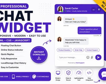 Live Chat Widget HTML CSS JavaScript | Professional Website Chat Box | Customer Support UI Template | Responsive Chat | Digital Download