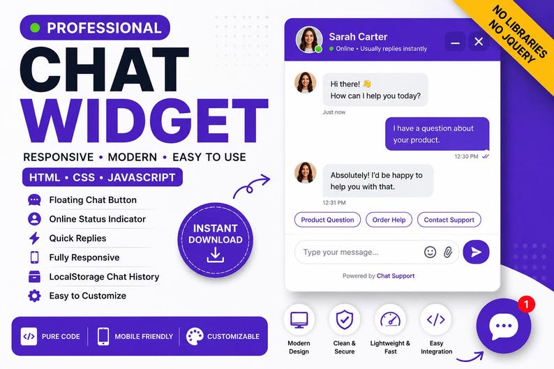 Live Chat Widget HTML CSS JavaScript | Professional Website Chat Box | Customer Support UI Template | Responsive Chat | Digital Download image 1