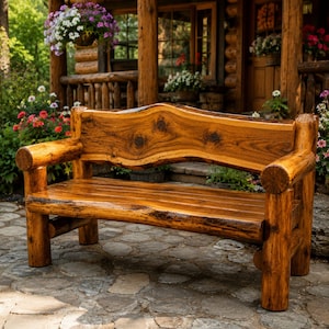 Puede incluir: Un banco rústico construido con troncos pulidos de acabado natural. El respaldo presenta un borde superior ondulado prominente con vetas de madera visibles y nudos oscuros. El asiento consta de tablones de madera horizontales y patas.
