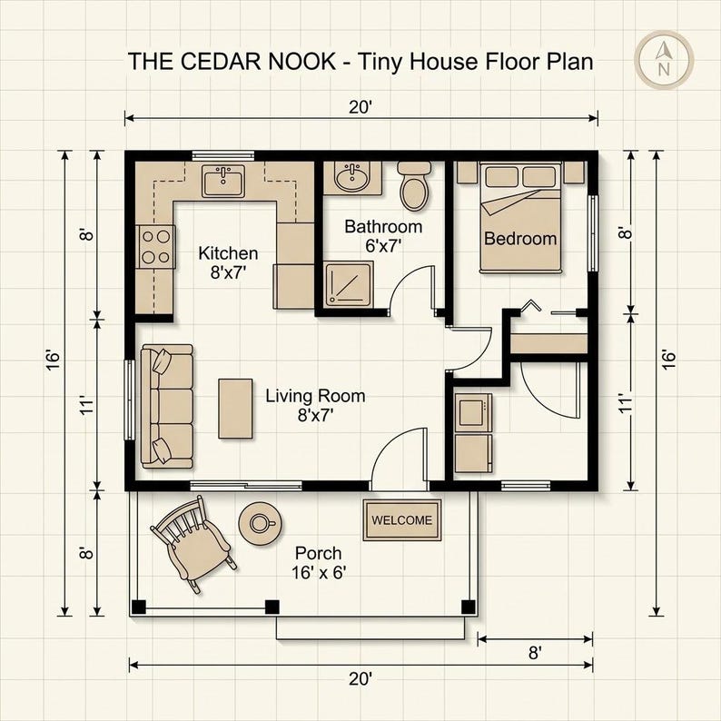 May include: A floor plan titled THE CEDAR NOOK - Tiny House Floor Plan, showing a 20' by 16' layout with a kitchen, bathroom, bedroom, living room, and a 16' by 6' porch. The diagram includes labeled rooms, furniture icons, and dimension lines.