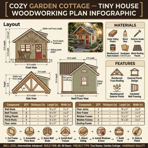 May include: A woodworking plan infographic titled Cozy Garden Cottage Tiny House. It displays front, side, and roof views with dimensions in feet, a materials list, feature icons, a component table with measurements in inches, and an eight-step build guide.