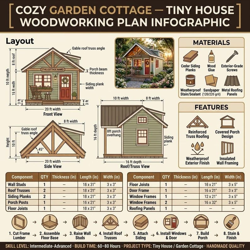 May include: A woodworking plan infographic titled Cozy Garden Cottage Tiny House. It displays front, side, and roof views with dimensions in feet, a materials list, feature icons, a component table with measurements in inches, and an eight-step build guide.