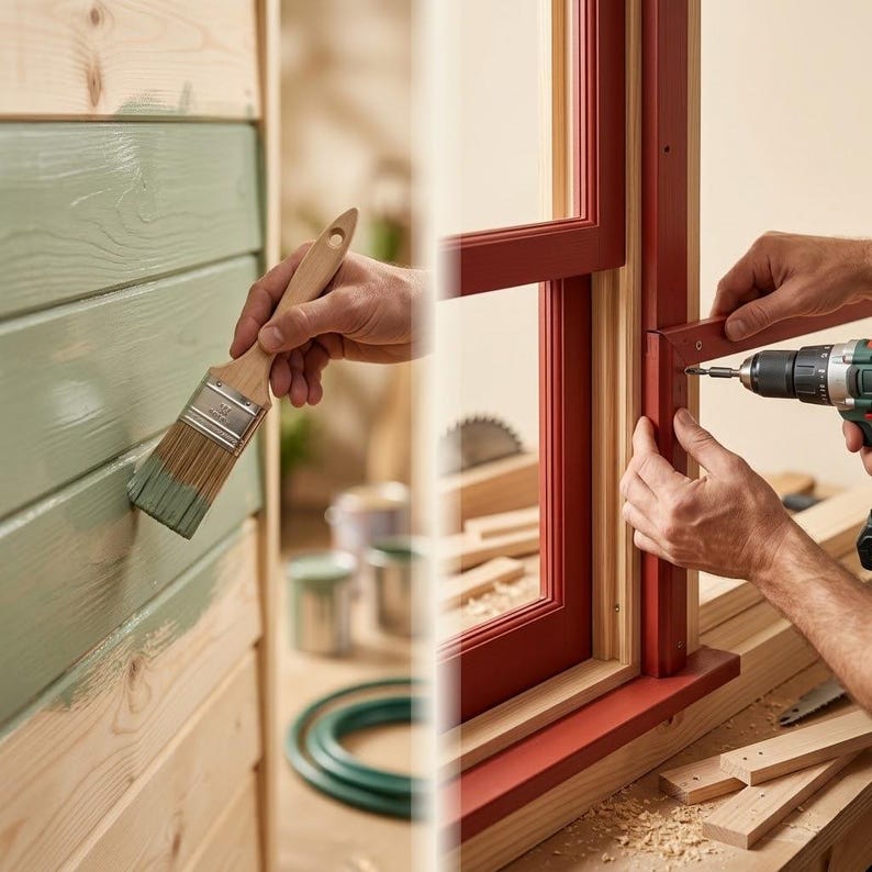 May include: A split-view image showing a wooden paintbrush applying light green paint to horizontal wooden planks on the left, and a cordless power drill driving a screw into a red-painted wooden window frame structure on the right.