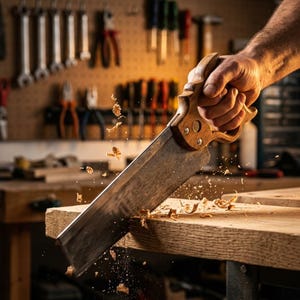 May include: A hand saw with a wooden handle cutting into a thick piece of light-colored wood, creating small wood shavings and sawdust. The metal blade is serrated and shows signs of use, while the wooden handle is contoured for a firm grip.