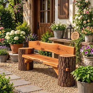 Puede incluir: Un banco de madera con un asiento de borde natural, sostenido por dos bases cilíndricas gruesas de tronco con corteza texturizada. El banco está colocado al aire libre sobre un camino de grava, rodeado de varias plantas y flores en macetas.