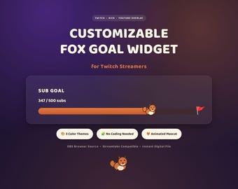 Fox Goal Widget for Twitch | Animated Follower Sub Donation Goal Tracker | OBS Streamlabs Overlay | Customizable Digital Download