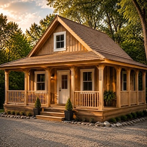 May include: A small wooden cabin with vertical cladding, a gabled roof, and a wrap-around porch featuring wooden railings. The structure includes a central white door, multiple white-framed windows, and two potted evergreen shrubs on the porch steps.