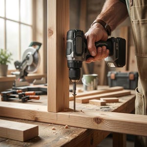 May include: A cordless power drill with a black and gray housing driving a long gold-colored screw into a light-colored wooden beam. The tool is held in a position to secure the vertical piece of lumber to the horizontal base on a workbench.