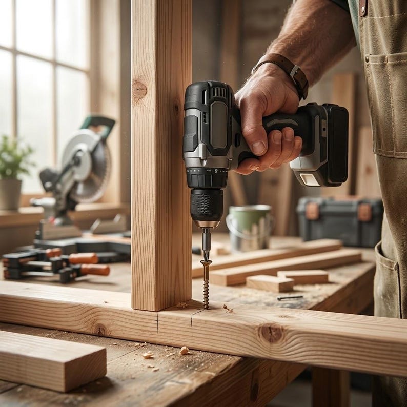 May include: A cordless power drill with a black and gray housing driving a long gold-colored screw into a light-colored wooden beam. The tool is held in a position to secure the vertical piece of lumber to the horizontal base on a workbench.