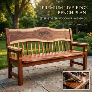 Puede incluir: Un banco de madera con respaldo y asiento de borde natural, con barrotes verticales y apoyabrazos. El texto dice: PREMIUM LIVE-EDGE BENCH PLAN, STEP-BY-STEP WOODWORKING GUIDE, DIGITAL DOWNLOAD. Un recuadro muestra una mano lijando madera.