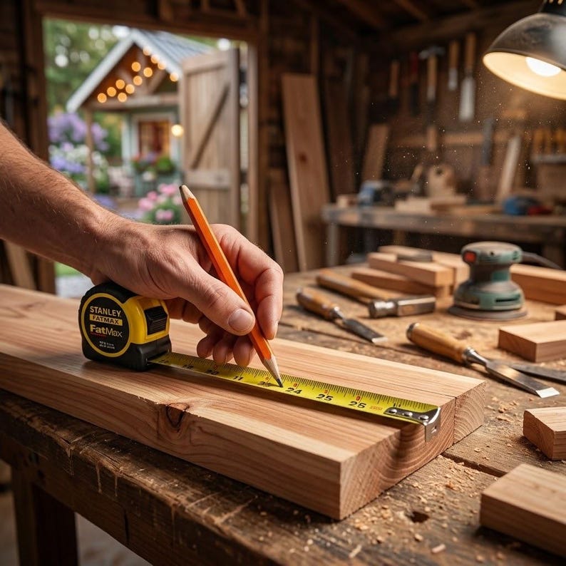 May include: A yellow and black Stanley FatMax tape measure extended along a light brown wooden board, with a hand holding an orange pencil to mark the measurement at the 25-inch mark on the yellow metal tape blade.
