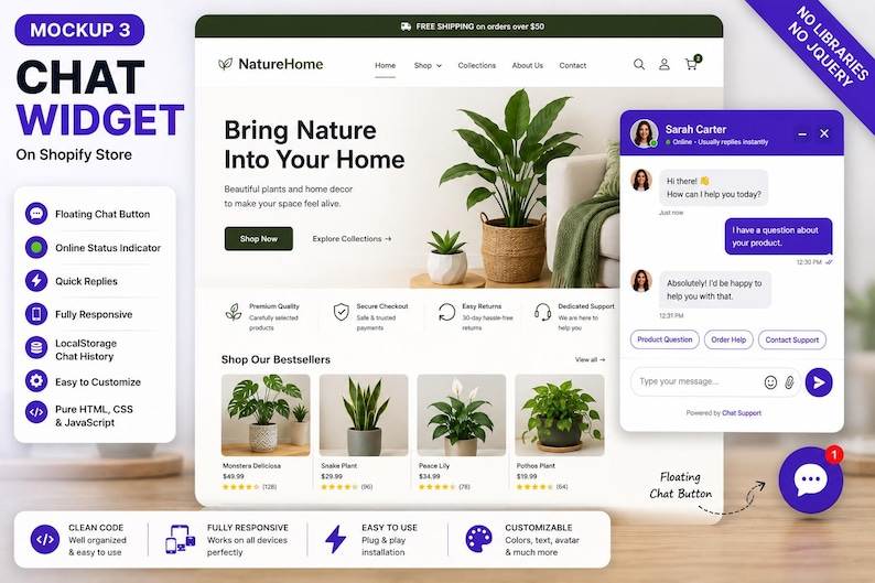 Live Chat Widget HTML CSS JavaScript | Professional Website Chat Box | Customer Support UI Template | Responsive Chat | Digital Download image 4