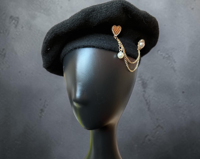 Black Bejeweled Tam: Heart & Pearl Chain Detail