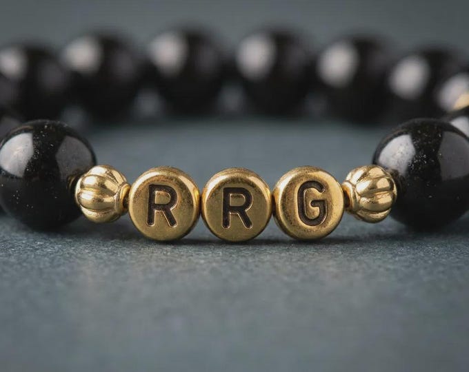 Black Beaded Bracelet Customized with Gold Initials